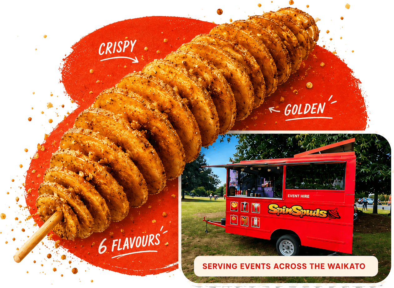 Crispy SpinSpuds spiral potato with the SpinSpuds Waikato food trailer